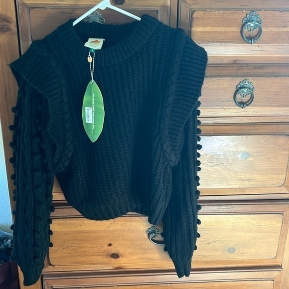 FARM RIO Women’s Chunky Black Crewneck Sweater Cropped Size XL NWT